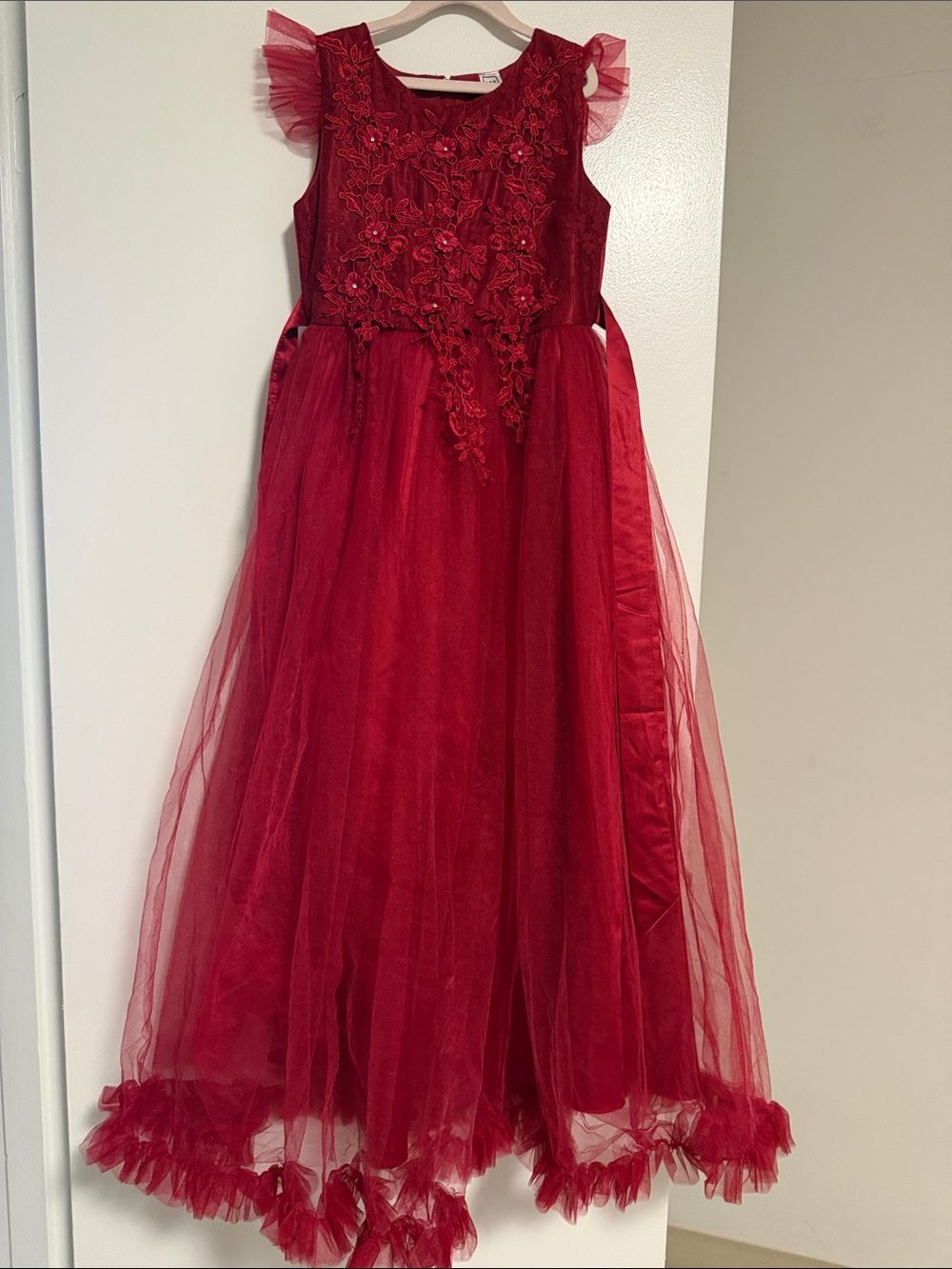 Red Floral Appliqué Tulle Dress for Girls